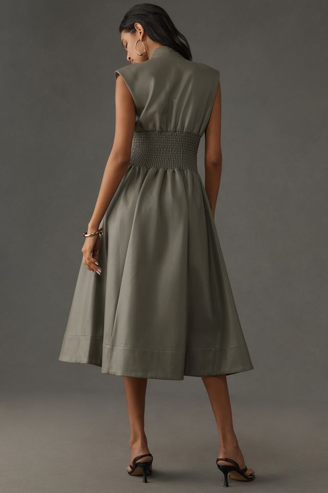The Tommie Cap-Sleeve Smocked Front-Zip Shirt Dress: Faux Leather Edition #1
