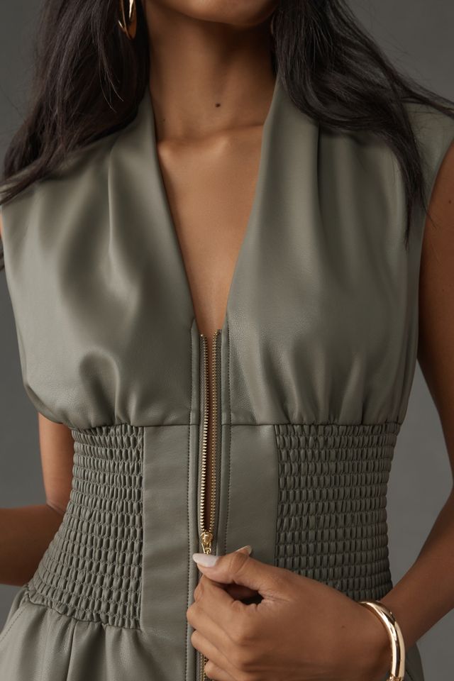The Tommie Cap-Sleeve Smocked Front-Zip Shirt Dress: Faux Leather Edition |  Anthropologie UK