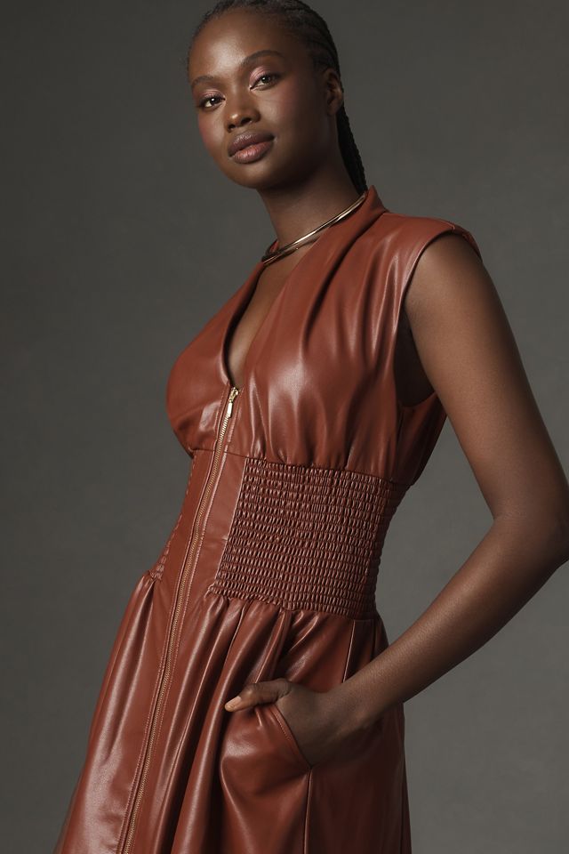 faux leather smock dress Cognac Shirred Faux Leather Strapless Midi Dress main image 0