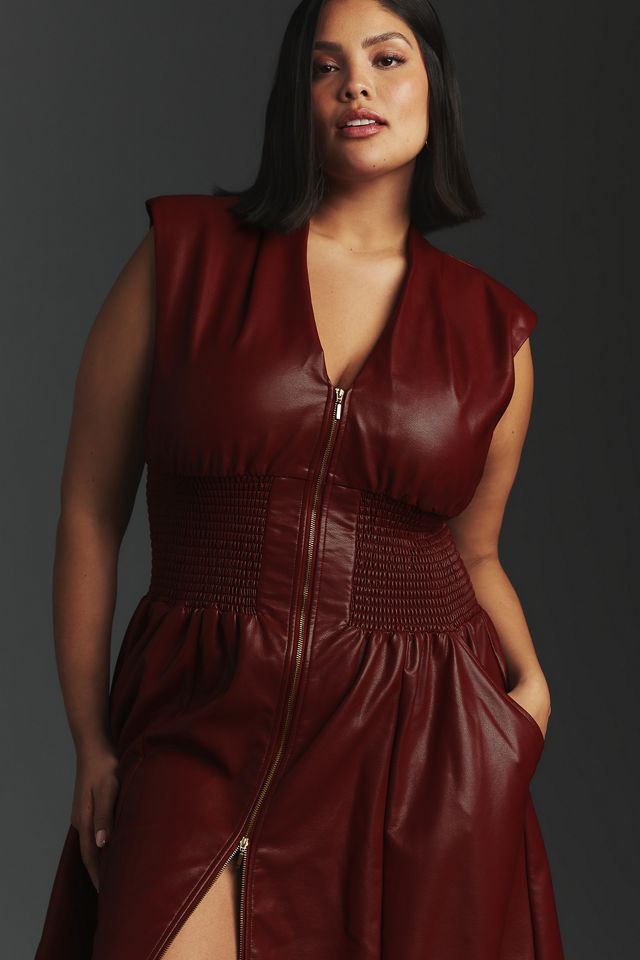 The Tommie Cap-Sleeve Smocked Front-Zip Shirt Dress: Faux Leather Edition |  Anthropologie