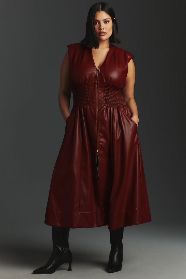 Tommie Cap-Sleeve Smocked Front-Zip Shirt Dress: Faux Leather Edition |  Anthropologie