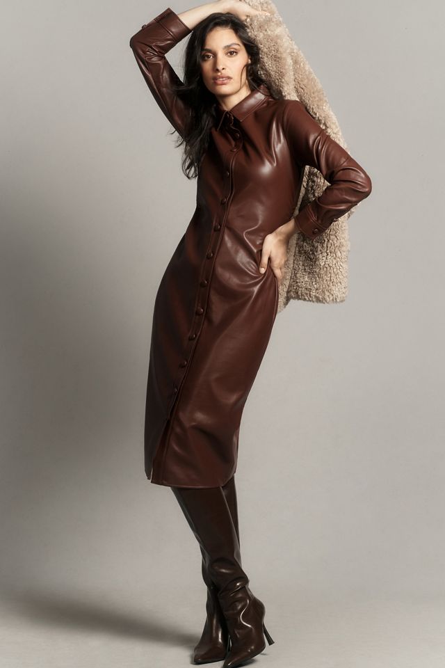 By Anthropologie Faux Leather Midi Shirt Dress | Anthropologie