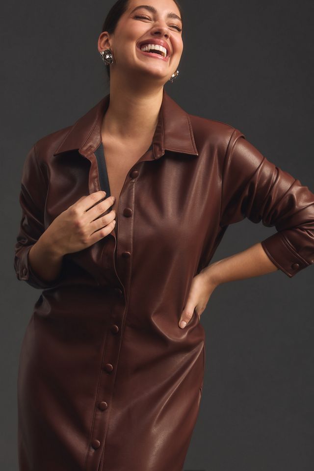 blue dress for baby girl Chocolate Brown Buttoned Women Leather Shirt Dress| HotLeatherDress S / White main image 1