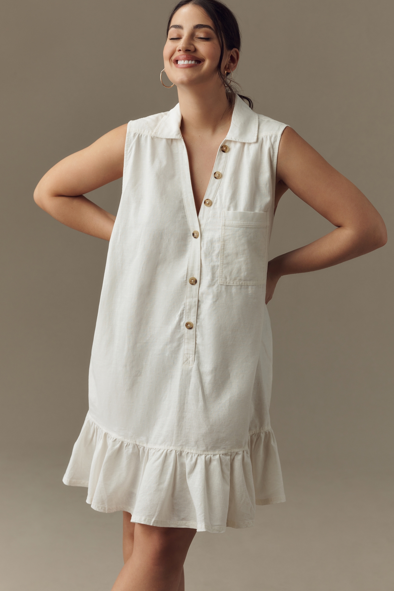 Pilcro Sleeveless V-Neck Linen Flounce Mini Dress