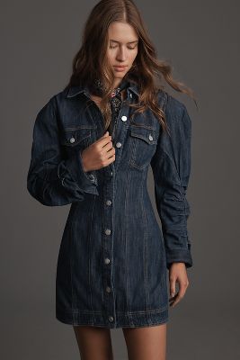 Shop Pilcro Long-sleeve Button-front Seamed Denim Mini Dress In Blue