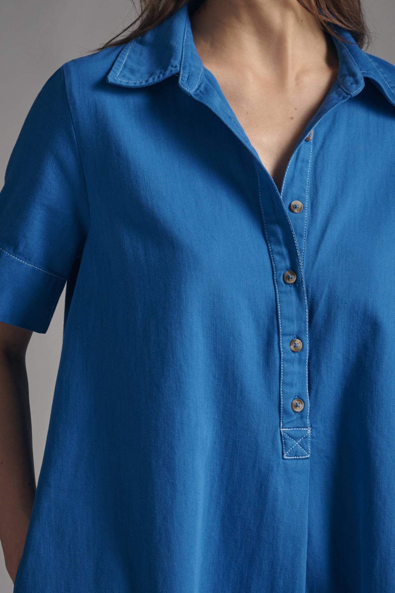 The Pollie Short-Sleeve Swing Tunic Mini Dress: Denim Edition