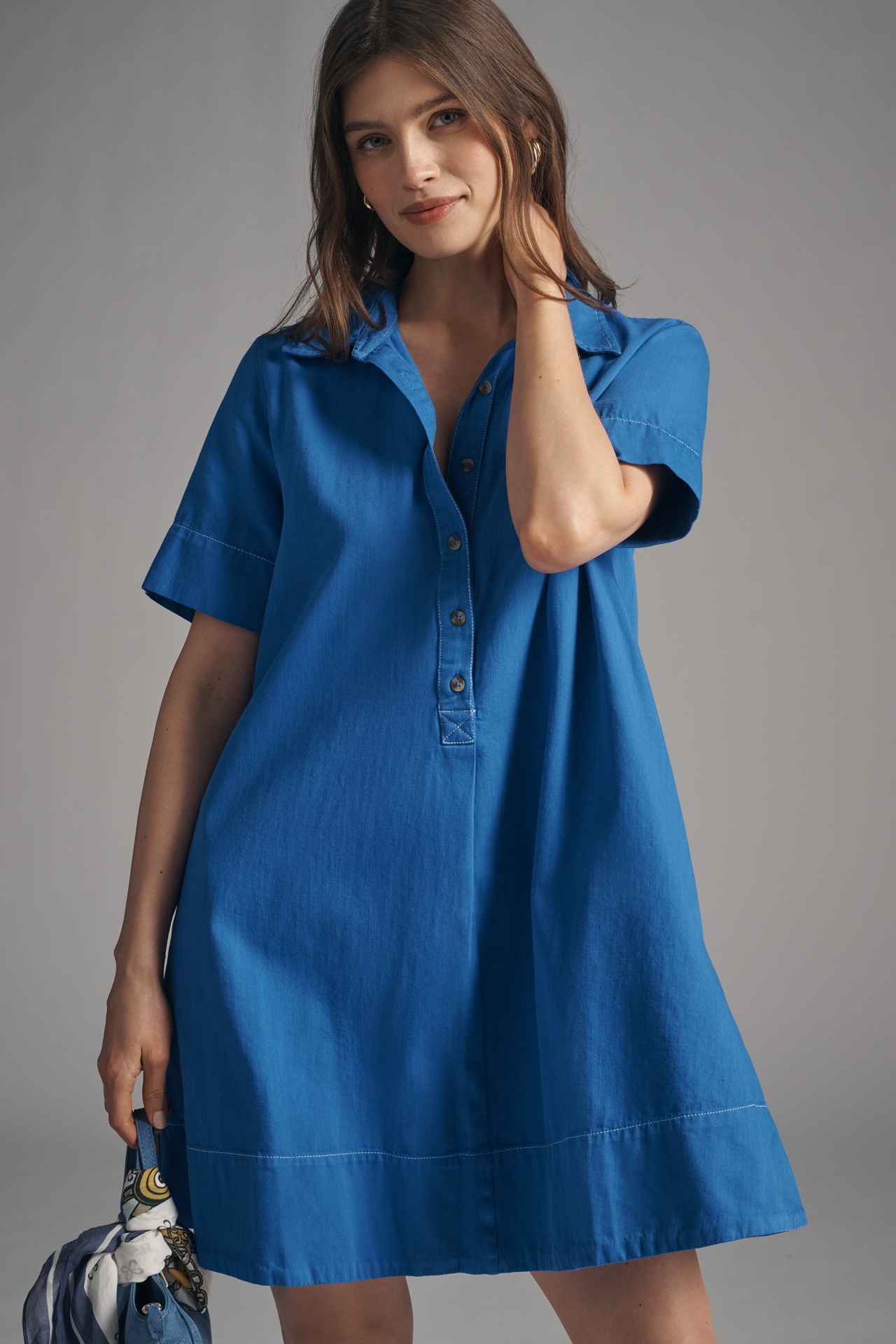 The Pollie Short-Sleeve Swing Tunic Mini Dress: Denim Edition