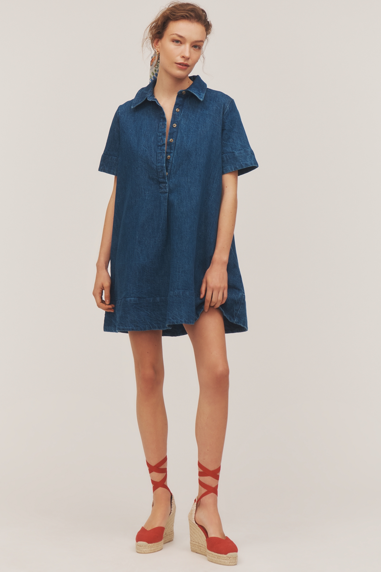 The Pollie Short-Sleeve Swing Tunic Mini Dress: Denim Edition
