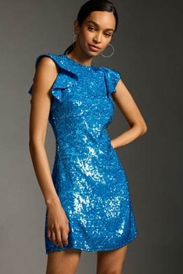 Shoshanna Midnight Flutter-Sleeve Sequin Dress | Anthropologie
