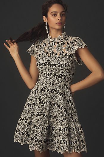 Shoshanna Maggie Short-Sleeve High-Neck Mini Dress