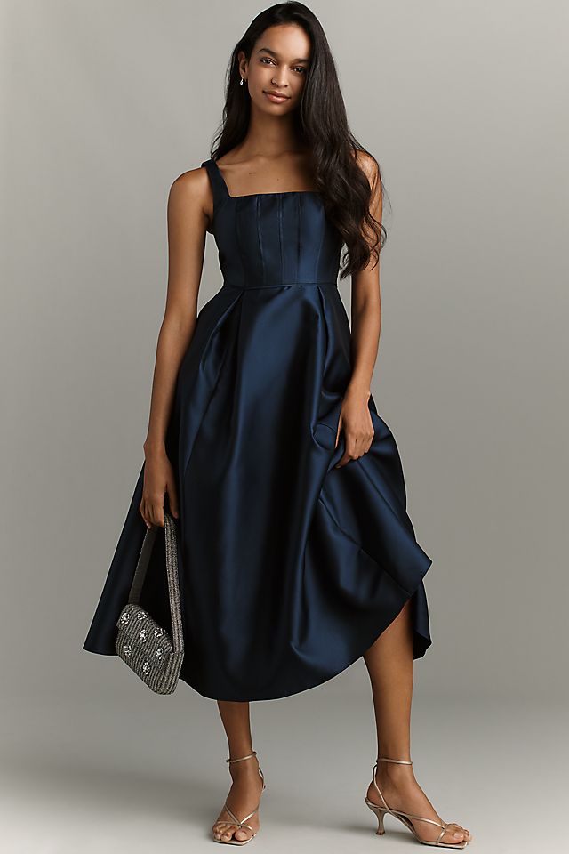 adrianna papell midi dress Women's Shirred Square Neck - Blue Multi Dressed up with bold accessories or streamline with simple details Adrianna Papell Petite Mikado Midi