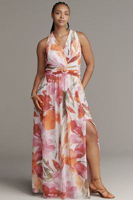 Adrianna Papell Plus Floral Chiffon Ring Maxi Dress In Multi