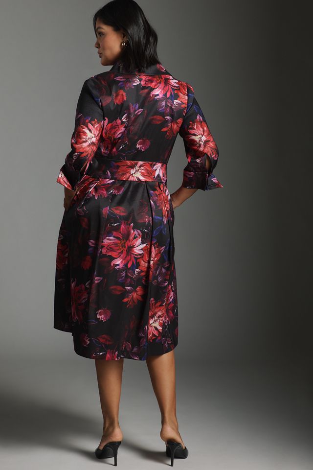 Print Long Sleeve Taffeta Shirtdress in Black