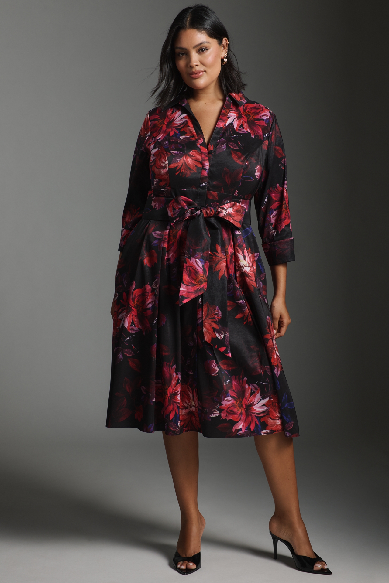 Adrianna Papell Plus Long-Sleeve Midi Shirt Dress