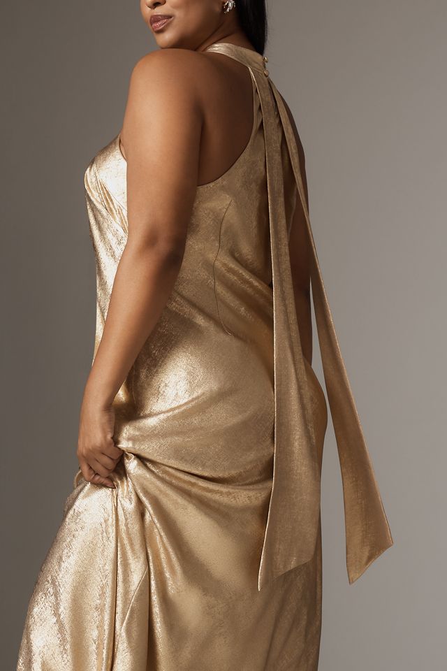 Adrianna Papell Plus Sleeveless Halter Maxi Dress - Gold