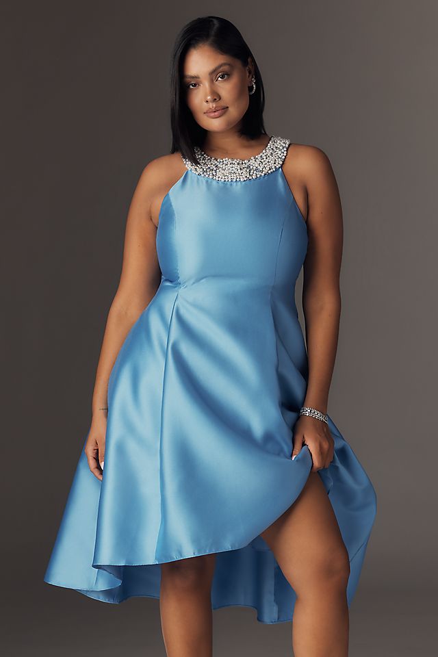 adrianna papell plus size formal dresses Women's Sequined High-Low Gown - Black The one shoulder neckline is paired with a dramatic bell sleeve Adrianna Papell Women's Halter Neck