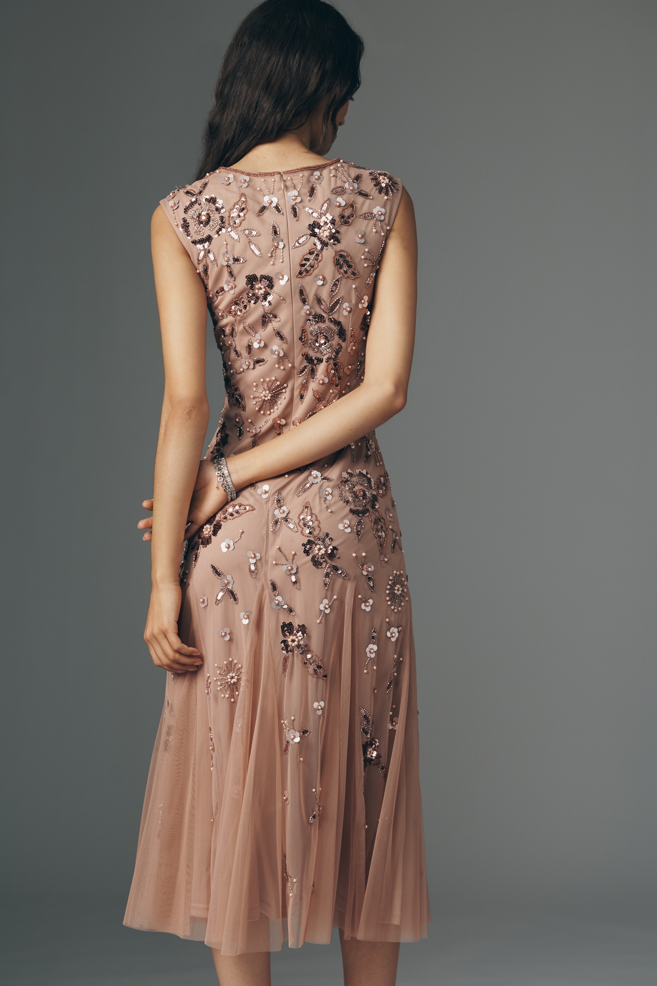 Adrianna Papell Petite Beaded Mesh Sleeveless Midi Dress