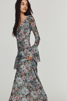 chinese dress ladies Berylove Women Floral Yellow Maxi Dress with Slit A Line V Neck Bell Sleeve Wedding Guest Dress, Yellow / XL