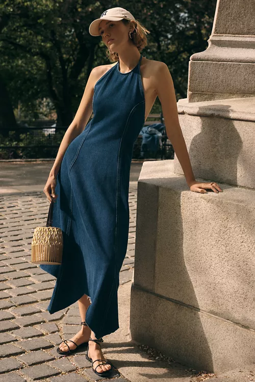 Pilcro Denim Halter Hanky Hem Midi Dress