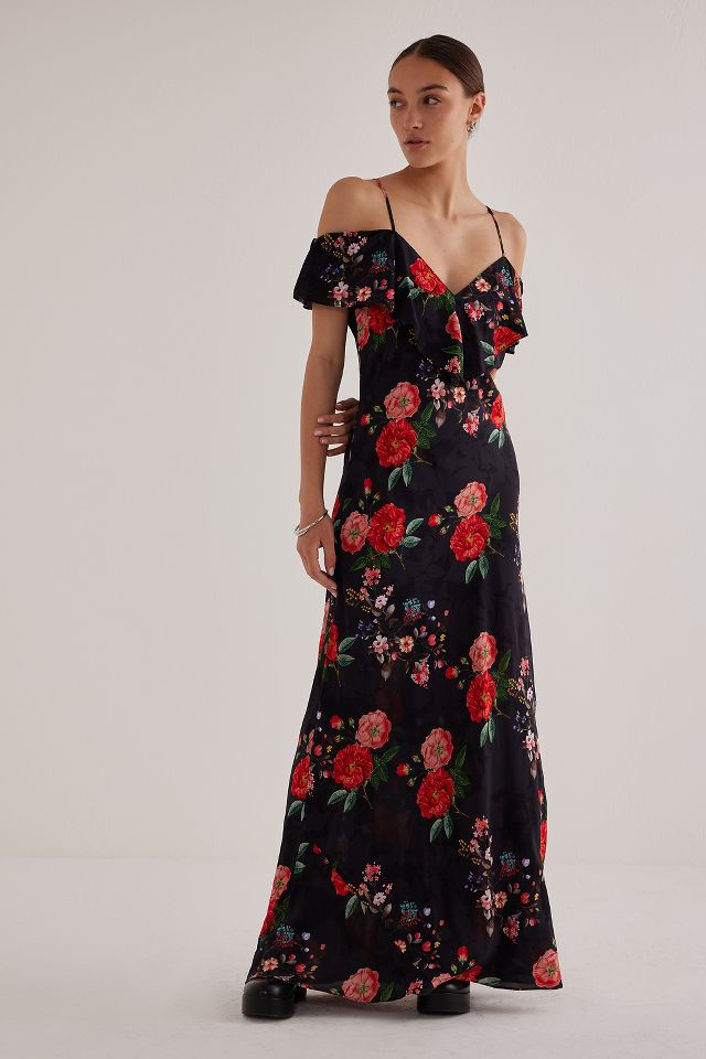 Kachel Sheer Ruffle Cold Shoulder Maxi Dress