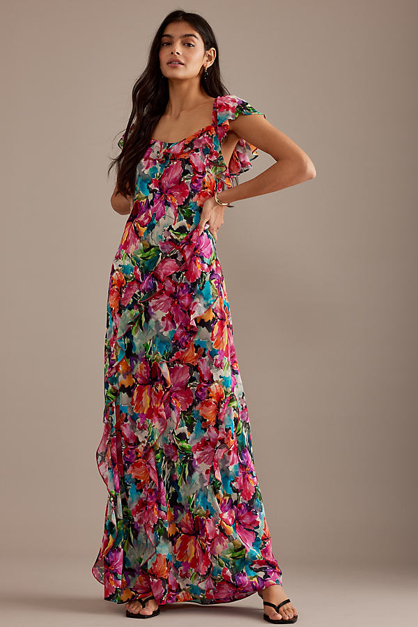 Kachel Lulu Flutter-Sleeve Ruffle Maxi Dress