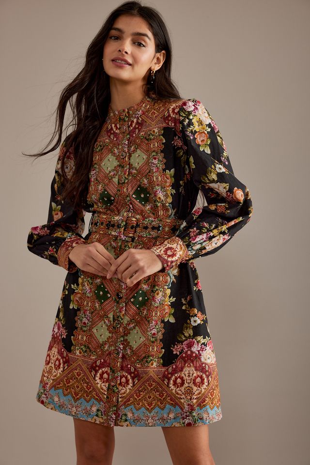 Kachel Printed Long Sleeve Belted Mini Shirt Dress