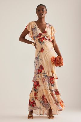 Vestido Largo Kachel Lurex con Volantes y Lunares