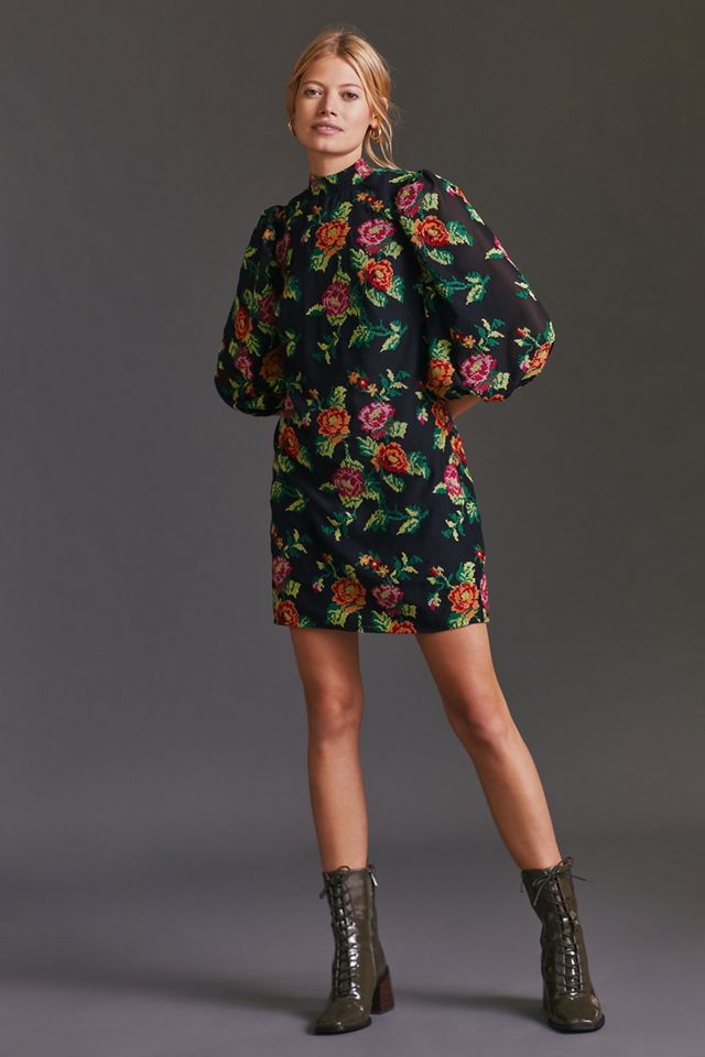 by anthropologie embroidered mini shift dress Anthropologie Daniel Rainn Treva Yellow Embroidered 3/4 Sleeve Mini Dr –  Brie main image 0
