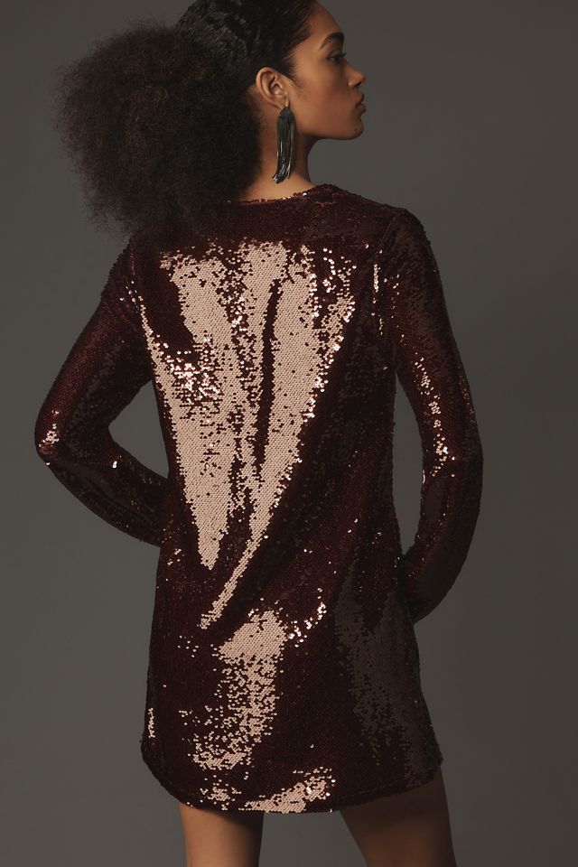 Blue Tassel Long-Sleeve V-Neck Sequin Mini Dress | Anthropologie