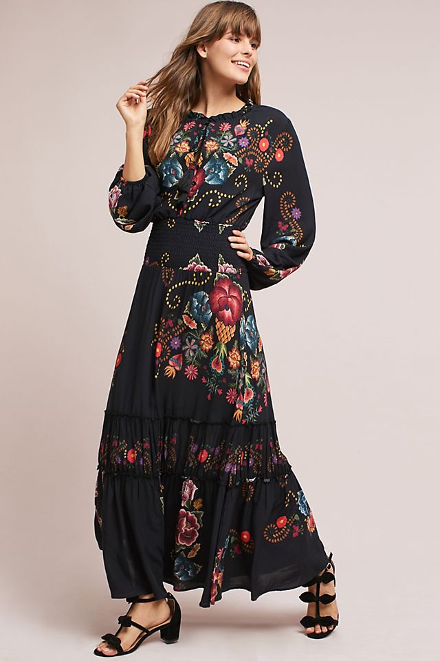 farm for anthropologie black floral dress New Rio and Cream Fringed Midi The Colorful Dress has an easy fit made to get you through your day Farm Rio Black Winter Garden