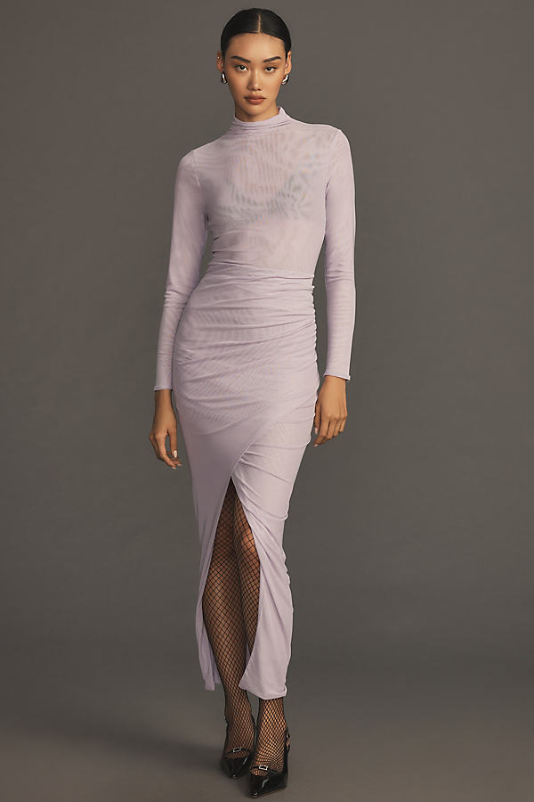 Sunday in Brooklyn Mock-Neck Long-Sleeve Ruched Mesh Maxi Dress
