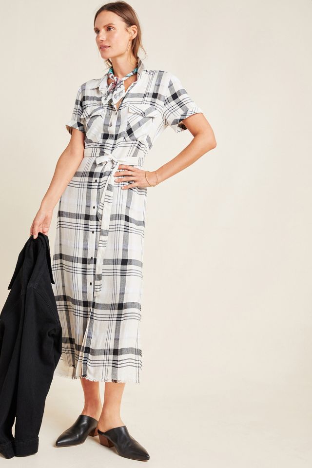 CLOTH & STONE Anthropologie RUFFLED SHIRT DRESS Plaid Brushed Long