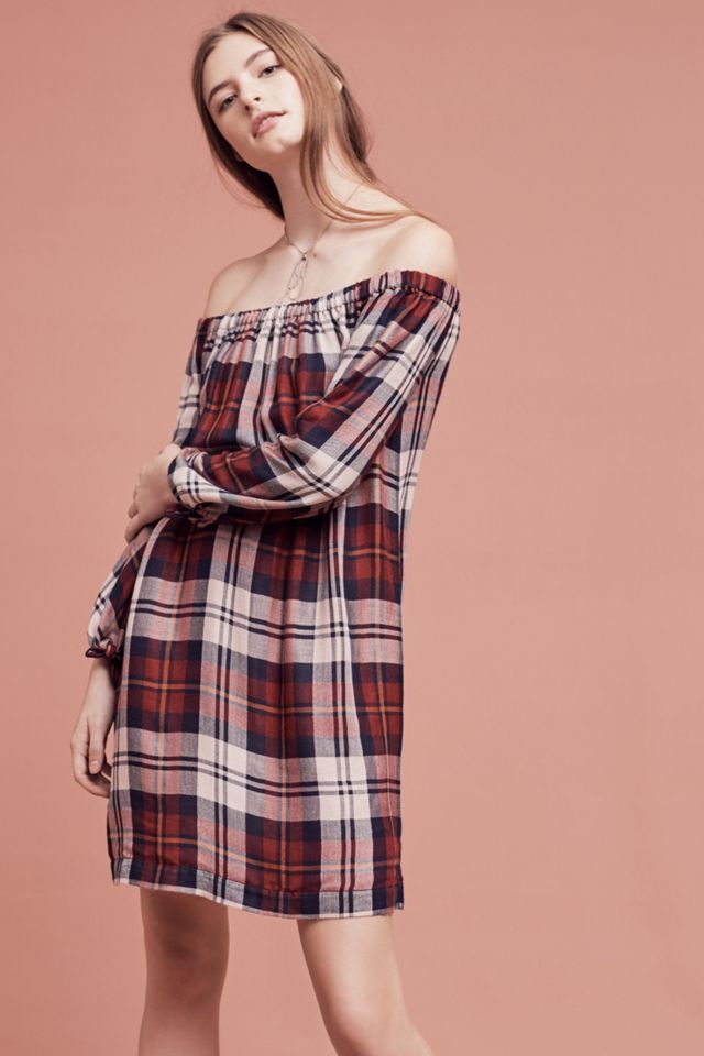 Plaid Off-The-Shoulder Tunic Dress #1