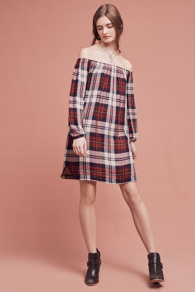 Plaid Off-The-Shoulder Tunic Dress
