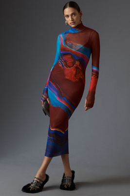 Afrm Long-sleeve Mock-neck Printed Midi Dress In Red