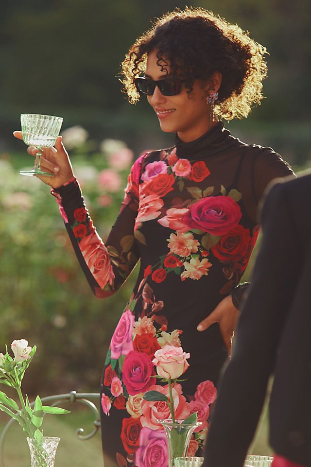 mock neck long sleeve dress Ruched Printed Midi Black Forest / XL Ruched Sheer AFRM Mock-Neck Long-Sleeve Printed Midi