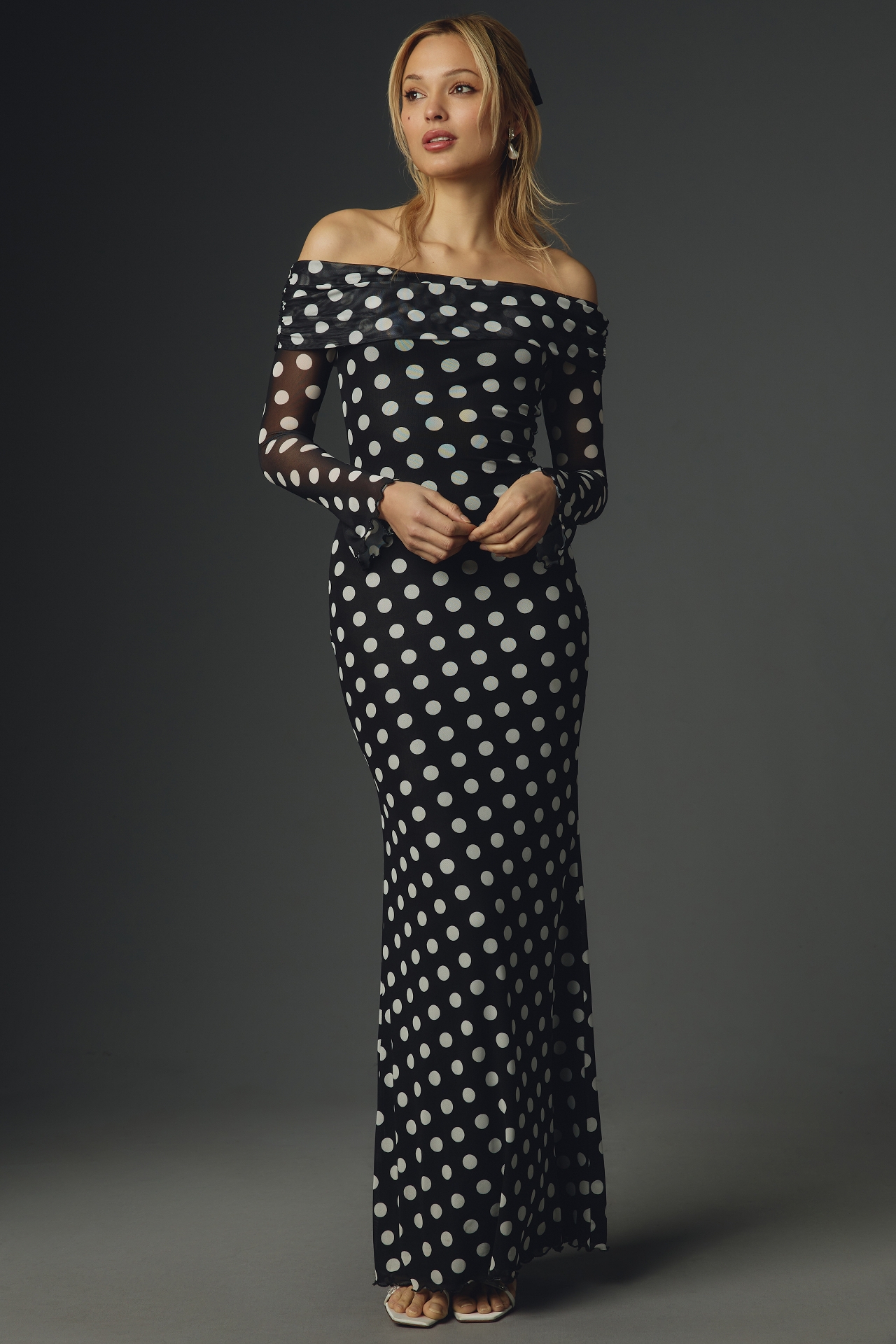 AFRM Long-Sleeve Off-The-Shoulder Mesh Maxi Dress