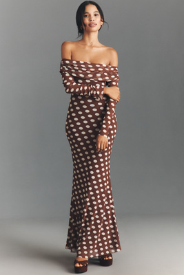 Afrm Long-sleeve Off-the-shoulder Mesh Maxi Dress In Brown