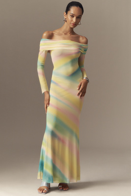 AFRM LONG-SLEEVE OFF-THE-SHOULDER MESH MAXI DRESS 