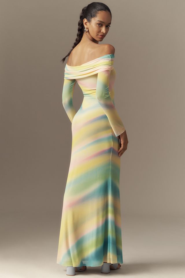 knee length dresses for ladies Semi-Sheer Off-Shoulder Mesh Long Sleeve Long Dress - Red - L main image 1