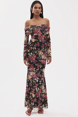 AFRM LONG-SLEEVE OFF-THE-SHOULDER MESH MAXI DRESS 