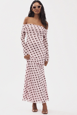 AFRM LONG-SLEEVE OFF-THE-SHOULDER MESH MAXI DRESS 