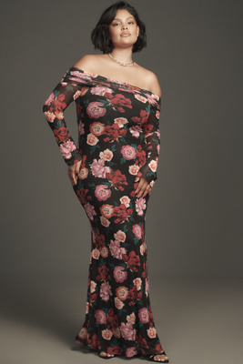 AFRM LONG-SLEEVE OFF-THE-SHOULDER MESH MAXI DRESS 