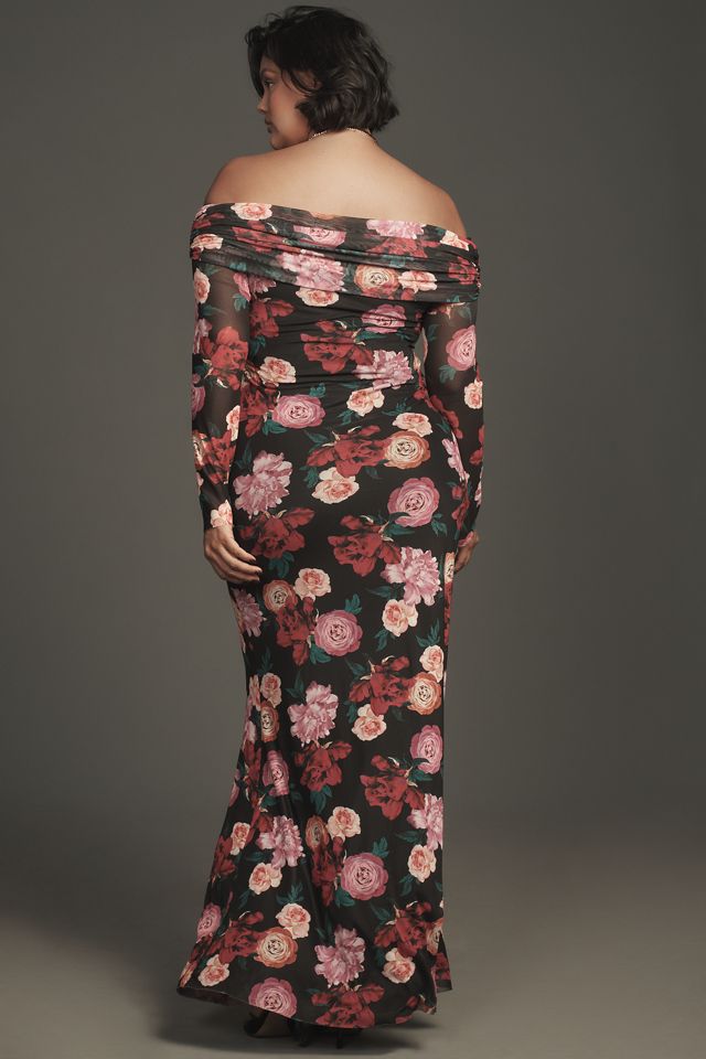 AFRM Long-Sleeve Off-The-Shoulder Mesh Maxi Dress | Anthropologie