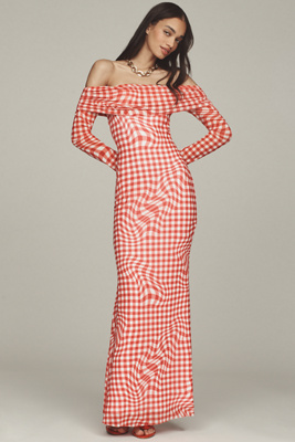 AFRM LONG-SLEEVE OFF-THE-SHOULDER MESH MAXI DRESS 