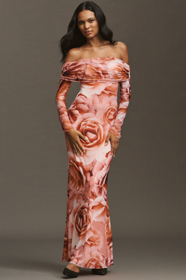 Afrm Long-sleeve Off-the-shoulder Mesh Maxi Dress In Pink