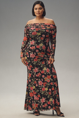 AFRM LONG-SLEEVE OFF-THE-SHOULDER MESH MAXI DRESS 