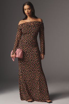 AFRM LONG-SLEEVE OFF-THE-SHOULDER MESH MAXI DRESS 