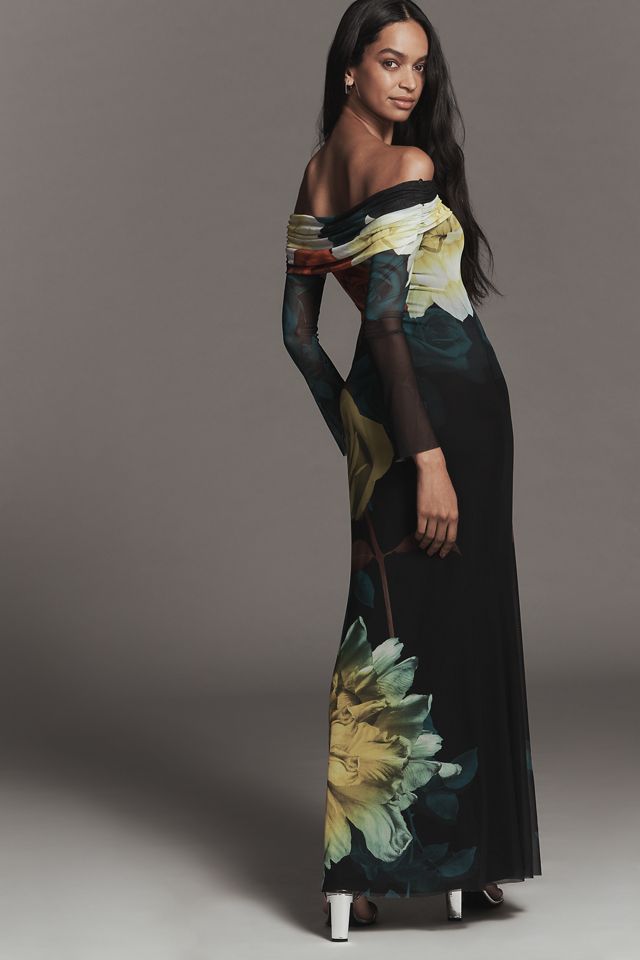 AFRM Long-Sleeve Off-The-Shoulder Mesh Maxi Dress #1