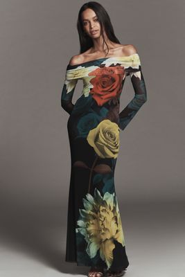 AFRM Long-Sleeve Off-The-Shoulder Mesh Maxi Dress